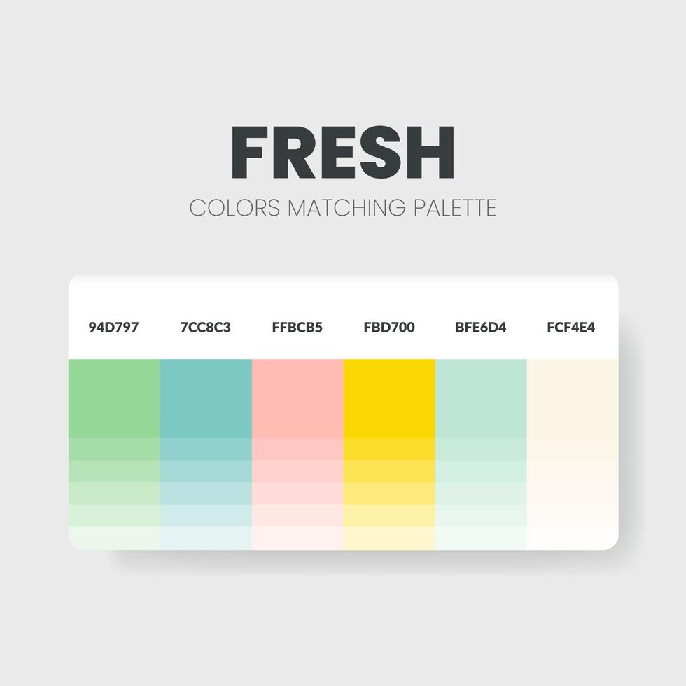 paleta de colores frescos o esquemas de color son combinaciones de tendencias y guías de paleta. ejemplo de tonos de colores de mesa en rgb y hexadecimal. una muestra de color para los amantes de la moda nupcial, el hogar y el diseño de interiores vector