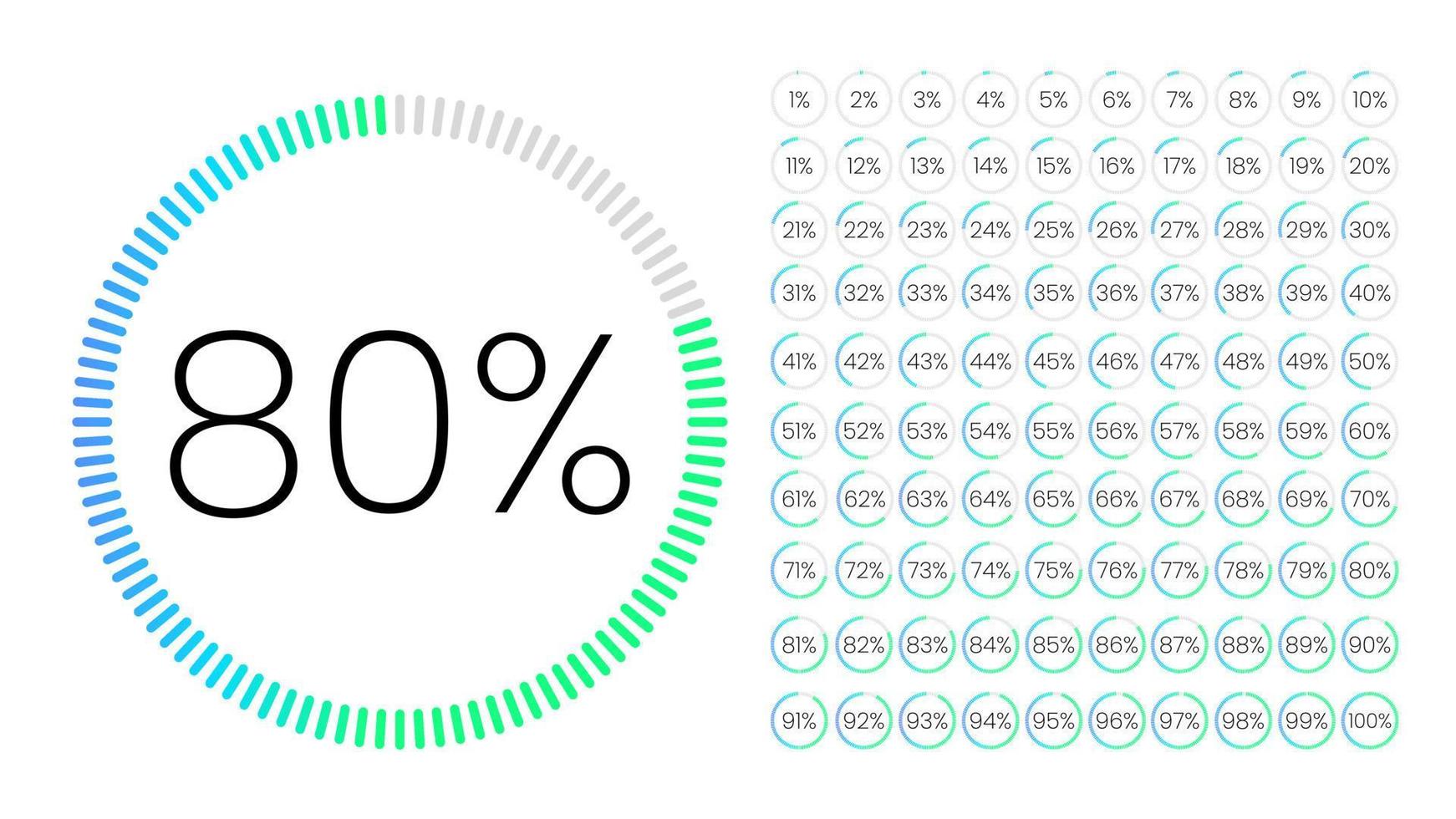 Set of circle percentage meters from 0 to 100 for infographic, user interface design UI. Colorful pie chart downloading progress from Blue to Green in white background. Circle diagram vector. vector