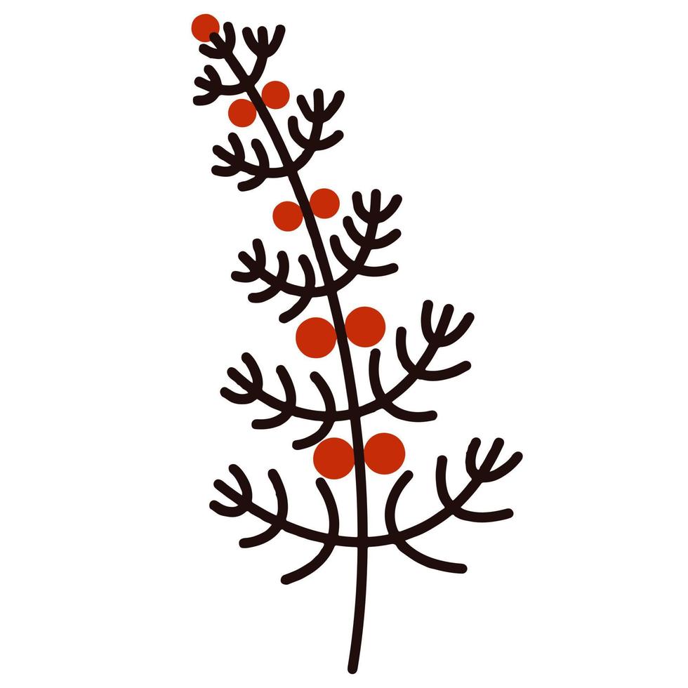 Vector illustration of hand drawn wild plant. Black outline with red berries, doodle illustration. Isolated botanical element on a white background.