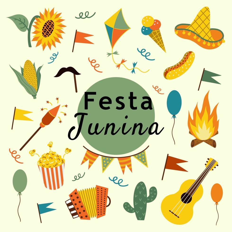 festa junina conjunto de hermosos iconos vectoriales en estilo plano. festival latinoamericano brasileño. plantilla vectorial con símbolos tradicionales de Brasil, elementos festivos. objetos aislados sobre un fondo claro vector