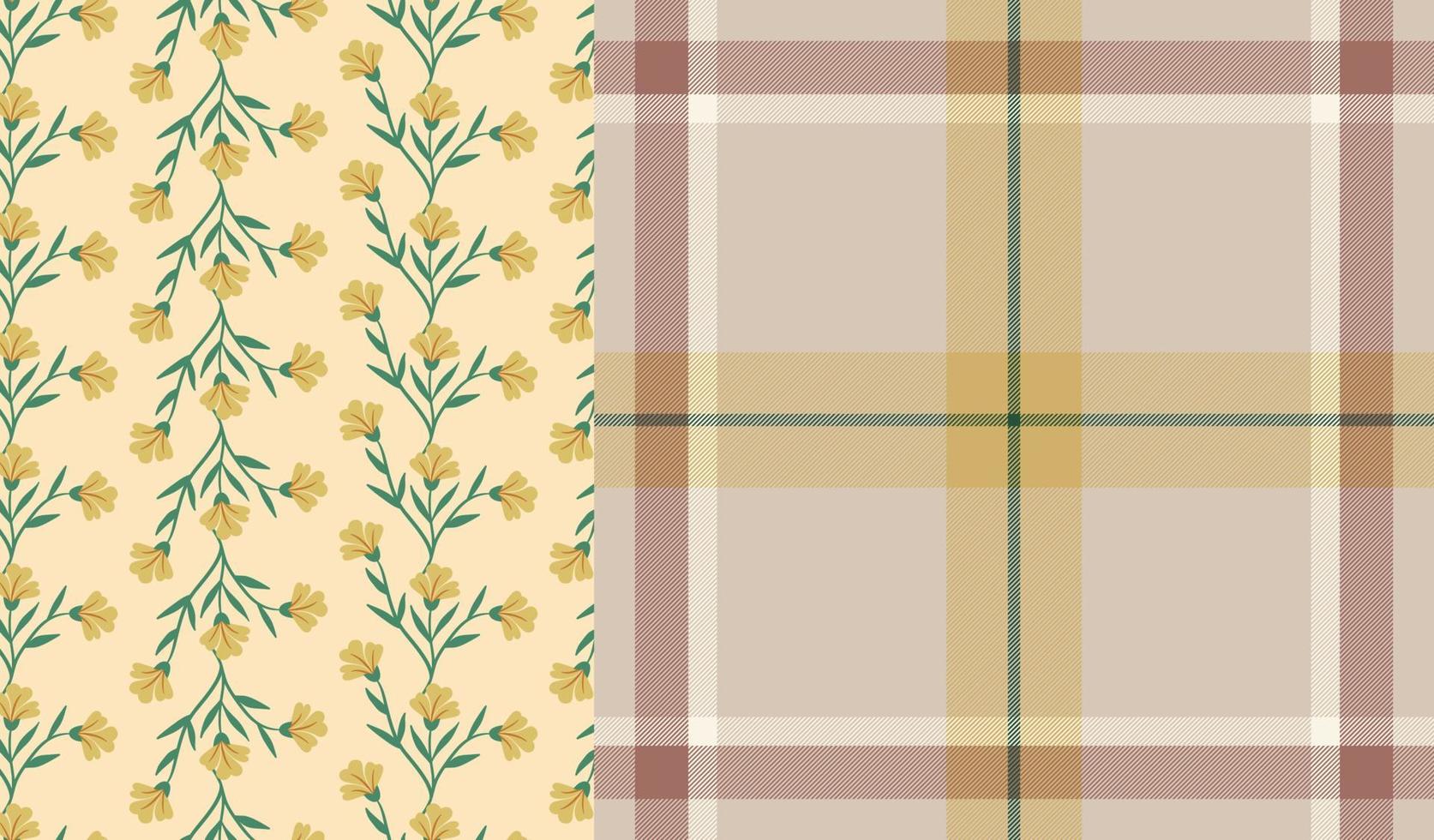MIXED OF CUTE FLOWERS PATTERN DESIGN SET WITH TARTAN PATTERN IN EARTH TONE COLORS vector