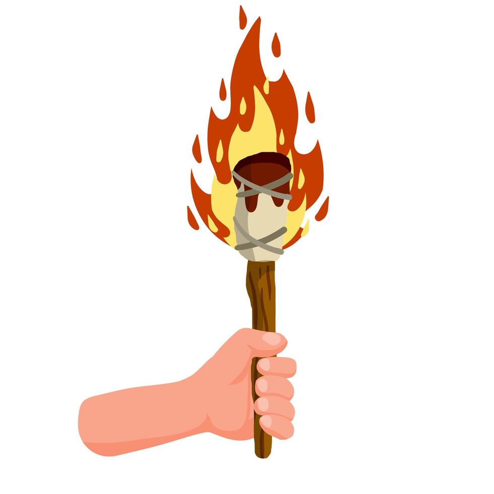 Hands holding torch. Primal fire. Flame on stick. 7515671 Vector Art at
