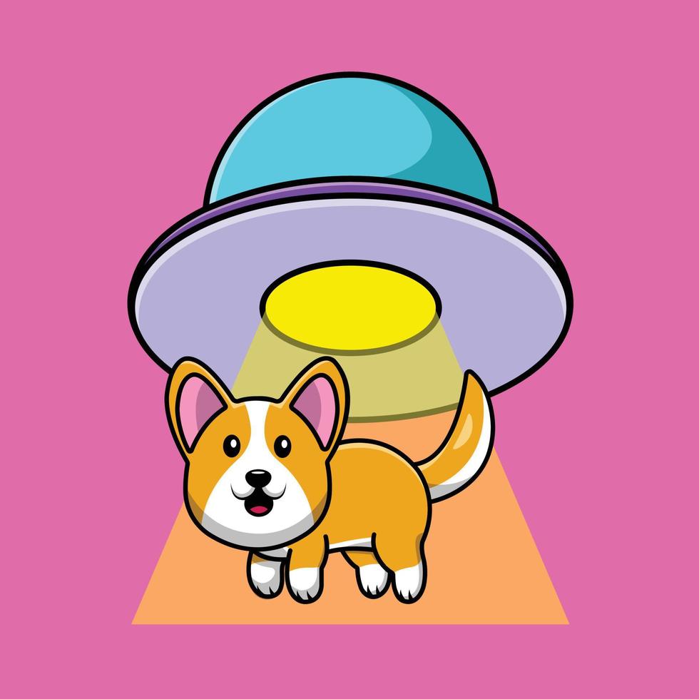 Cute Corgi Dog Sucked In UFO Spacecraft Cartoon Vector Icon Illustration. Science Animal Icon Concept Isolated Premium Vector.