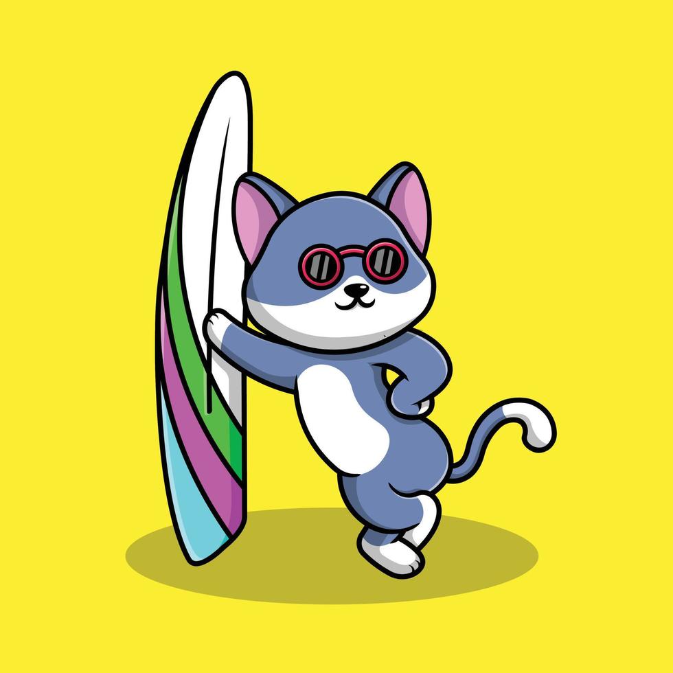 Cute Cat With Surfboard Cartoon Vector Icon Illustration. Animal Sport Icon Concept Isolated Premium Vector.