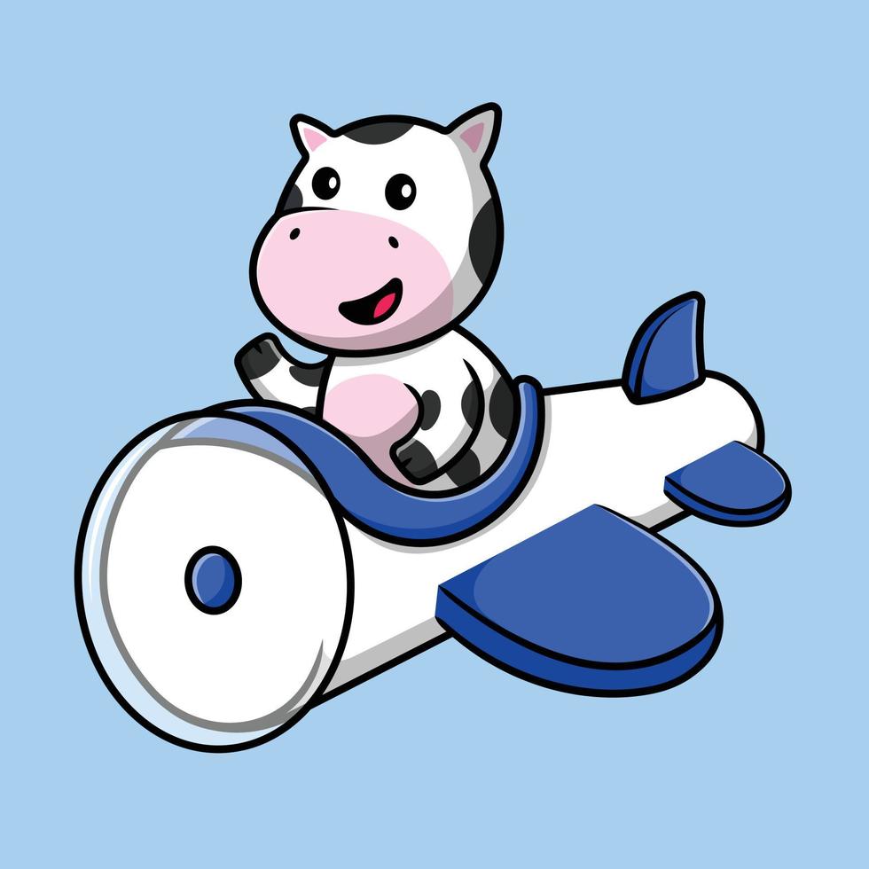 Cute Cow Flight With Plane Cartoon Vector Icon Illustration. Animal Transportation Icon Concept Isolated Premium Vector.