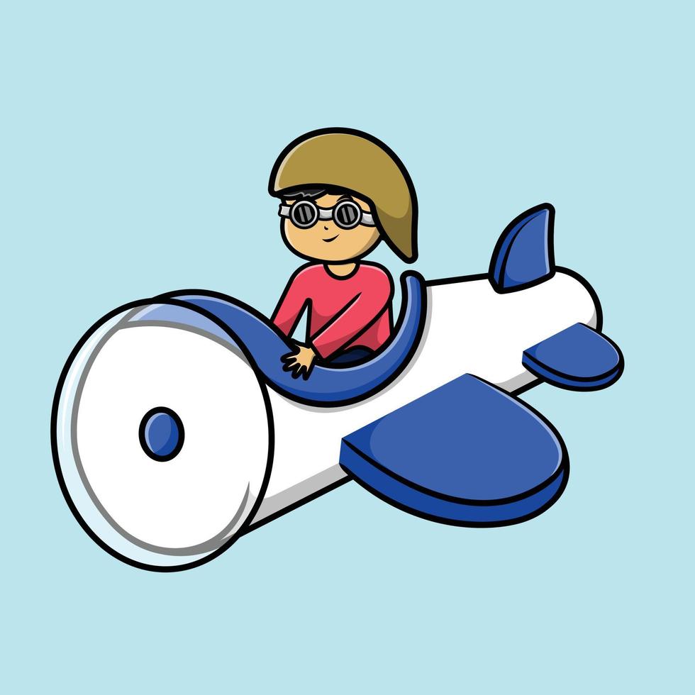 vuelo de niño lindo con ilustración de icono de vector de dibujos animados de avión. concepto de icono de transporte de personas vector premium aislado