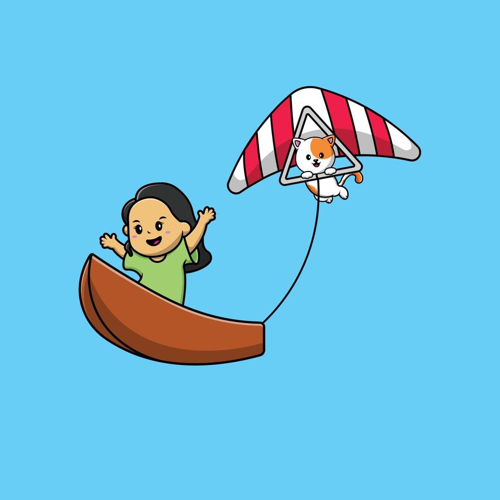 Linda chica en barco con ilustración de icono de vector de dibujos animados de gato volador. concepto de icono de deporte animal vector premium aislado.
