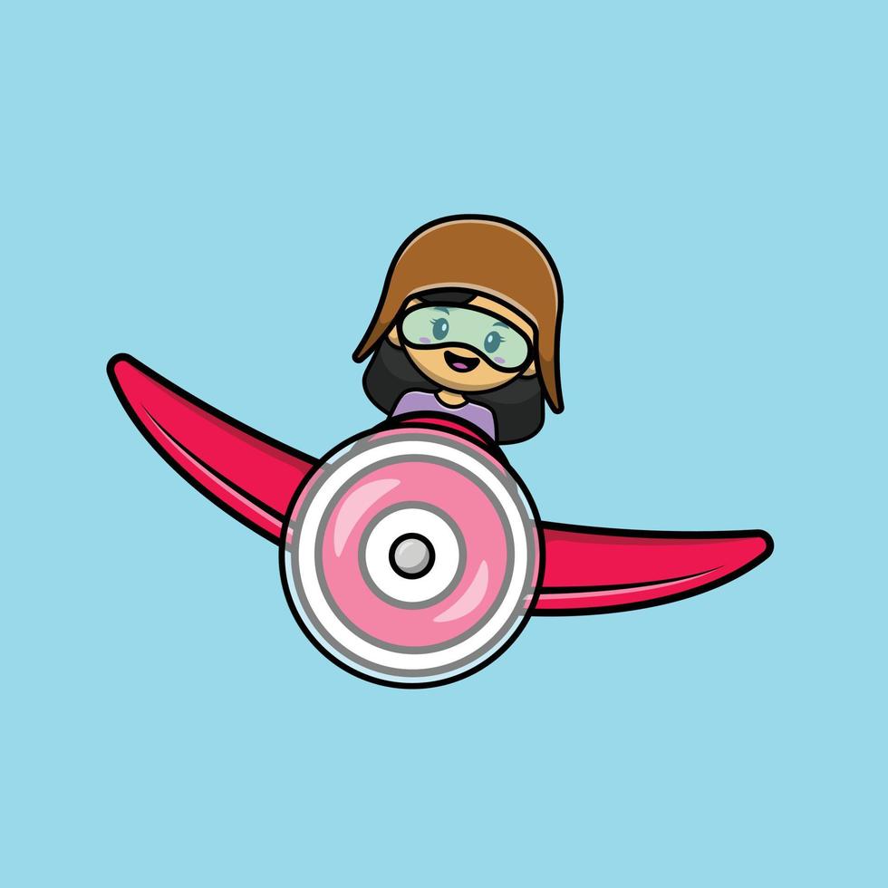 Cute Girl Riding Plane Cartoon Vector Icon Illustration. People Icon Concept Isolated Premium Vector.
