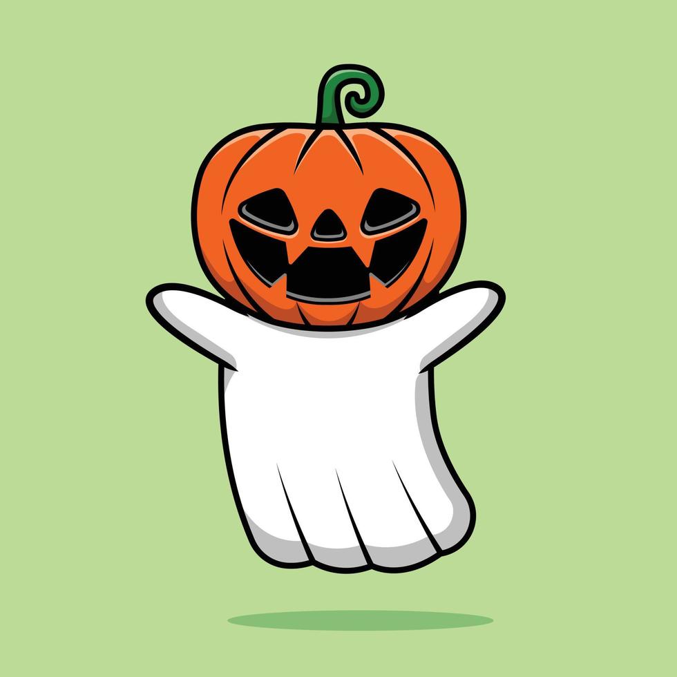Cute Ghost Pumpkin Halloween Cartoon Vector Icon Illustration. Halloween Character Icon Concept Isolated Premium Vector.