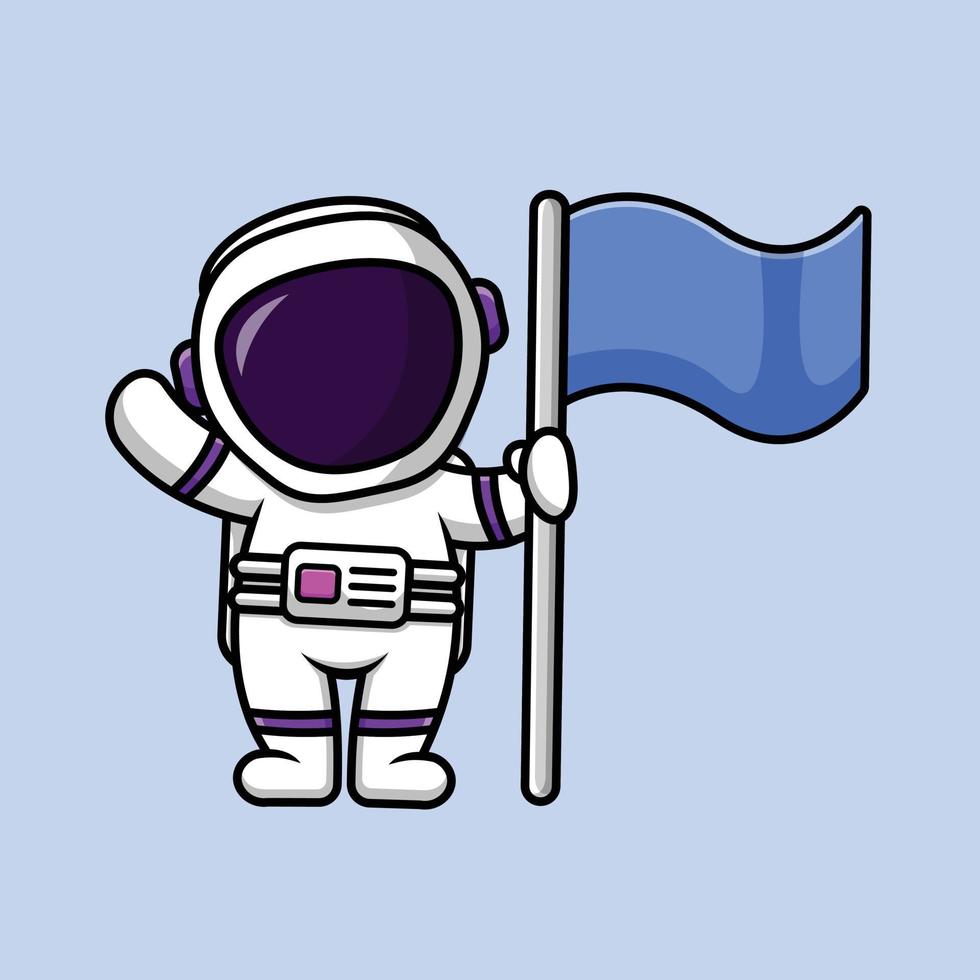 lindo astronauta sosteniendo la ilustración del icono del vector de dibujos animados de la bandera. concepto de icono de gente de ciencia vector premium aislado.