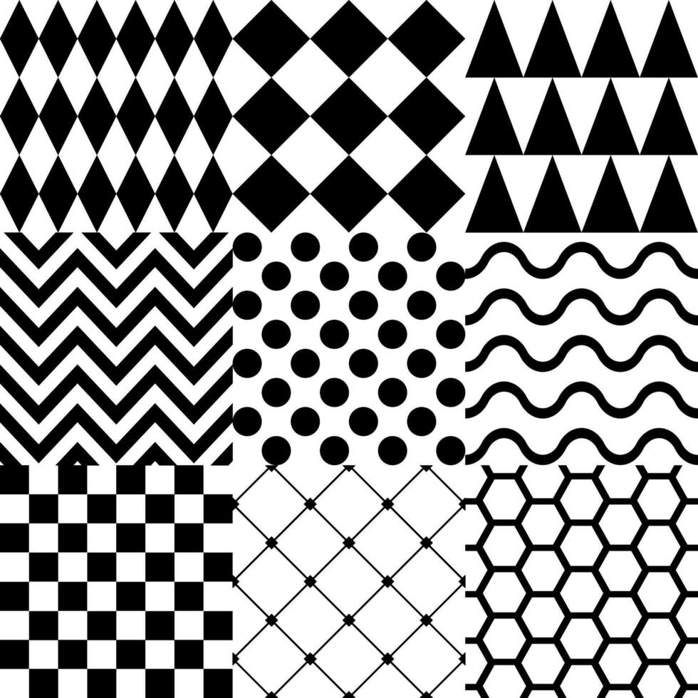 Seamless background with various geometric patterns in black vector