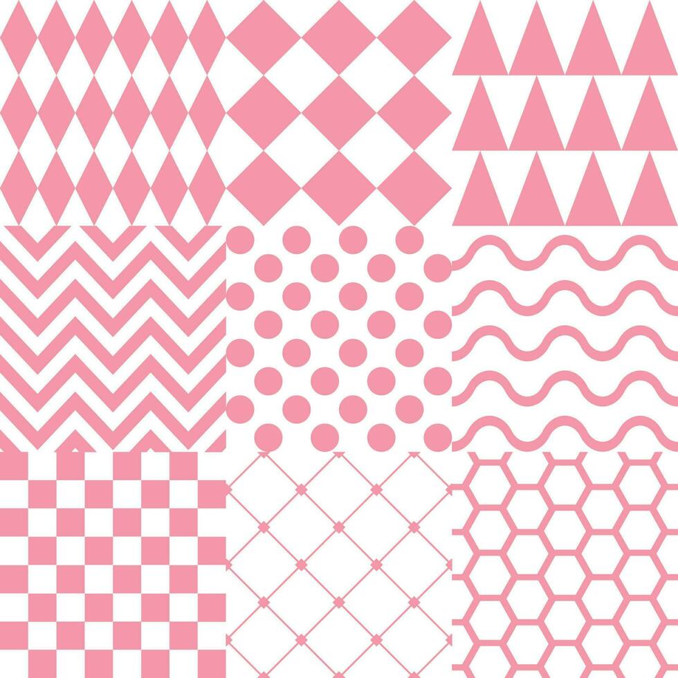 Seamless background with various geometric patterns in pink vector