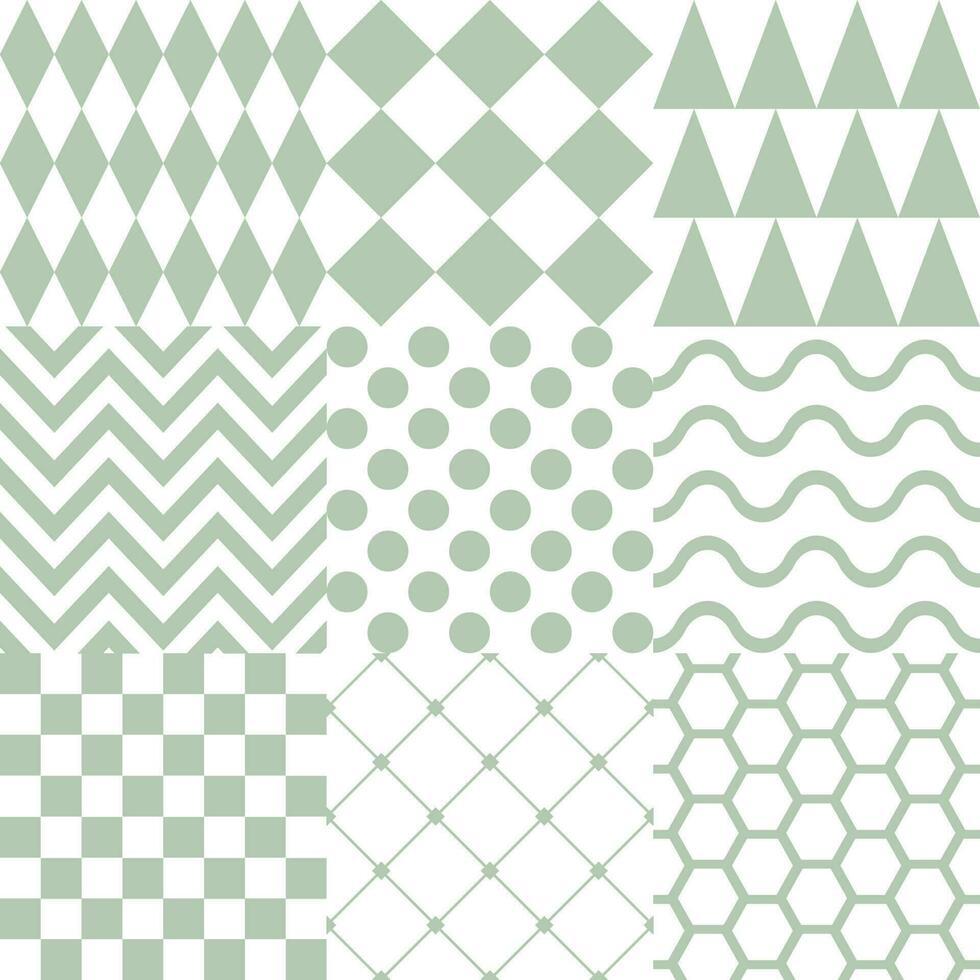 Seamless background with various geometric patterns in green vector