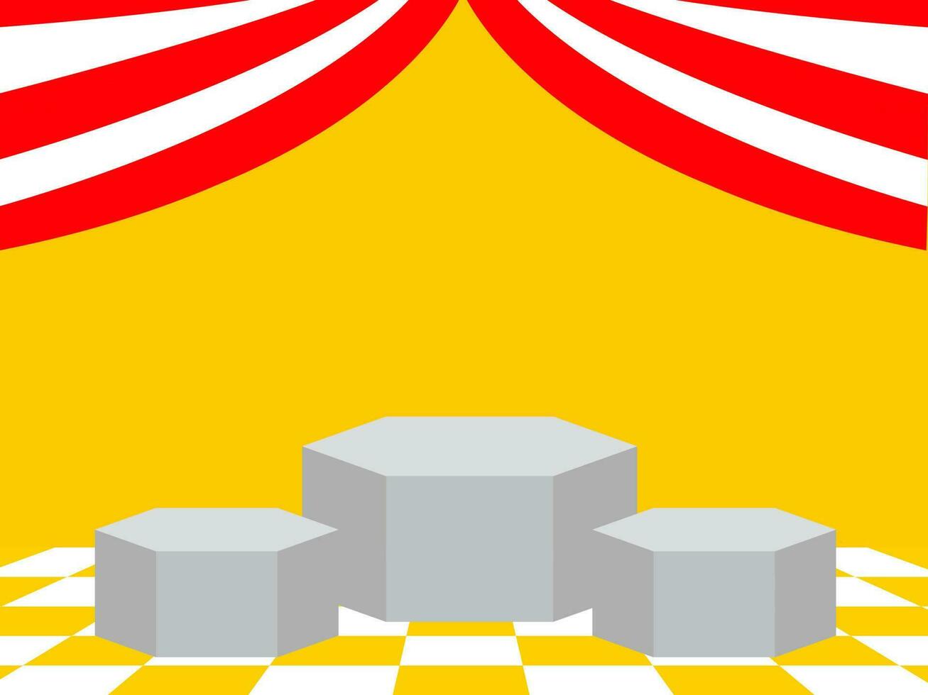 Product display podium with red and white curtains and orange and white grid floor vector