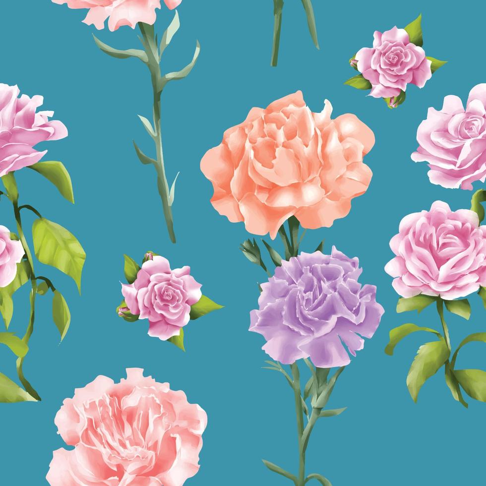 conjunto de claveles flor acuarela estilo vector ilustración sin costuras fondo en color océano