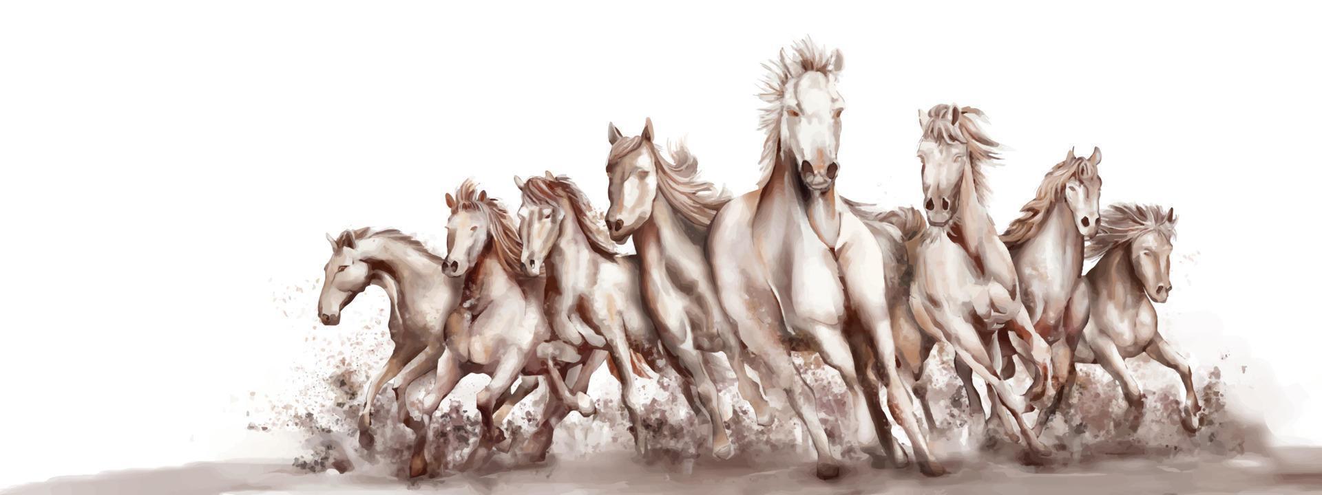 8 caballos corriendo estilo acuarela en blanco y negro sobre fondo blanco vector