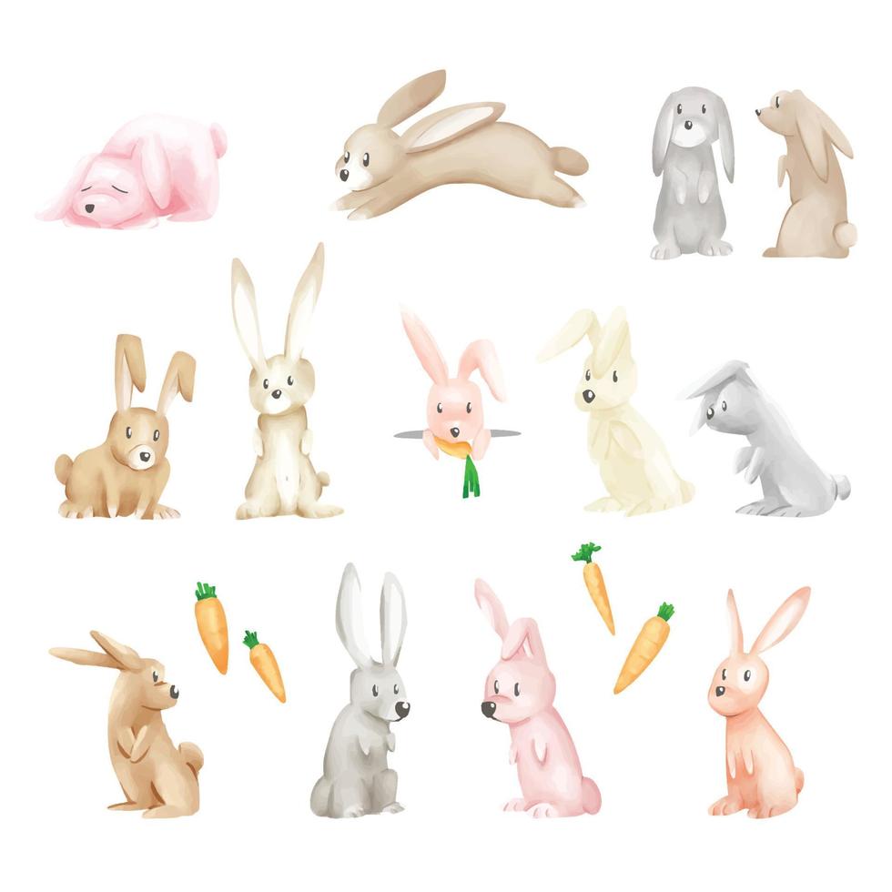 baby rabbits cartoon posing on white background watercolor illustration cute funny style vector