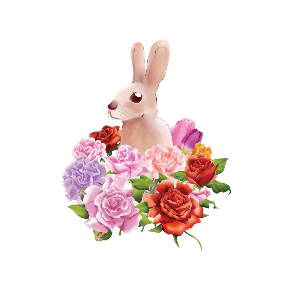 A rabbit on the flowers bush vector illustraiton on white background watercolor style