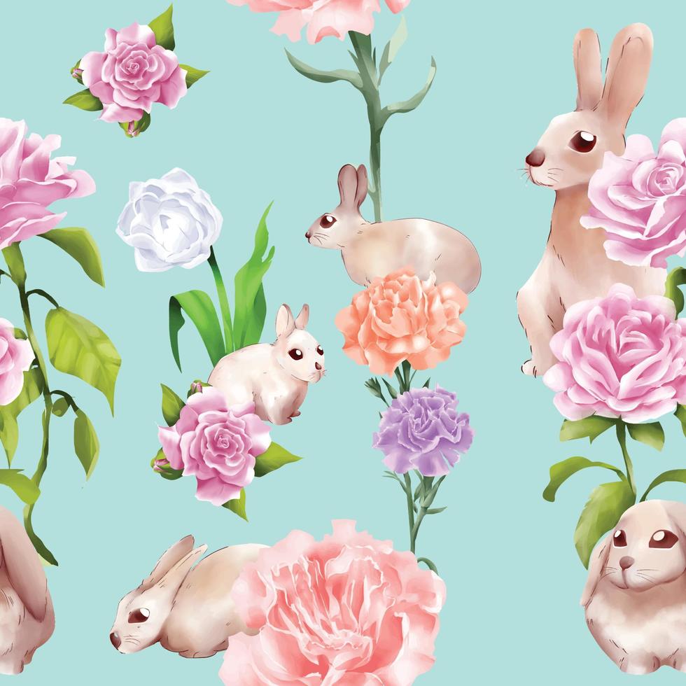 Set of rabbits hiding in flowers watercolor style vector illustration  seamless pattern on mint