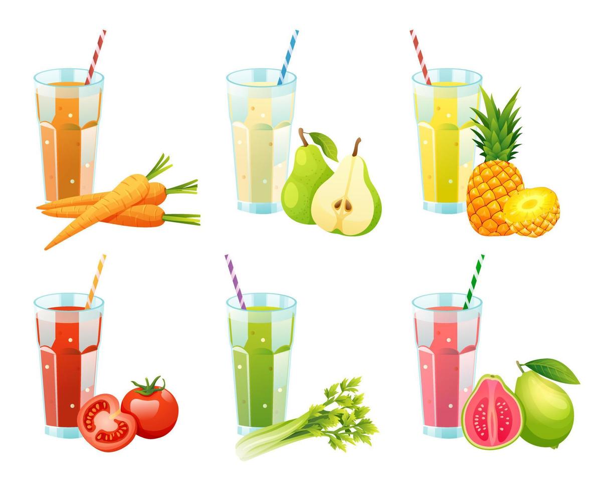 Set of various fruit and vegetable juices illustration isolated on white background vector