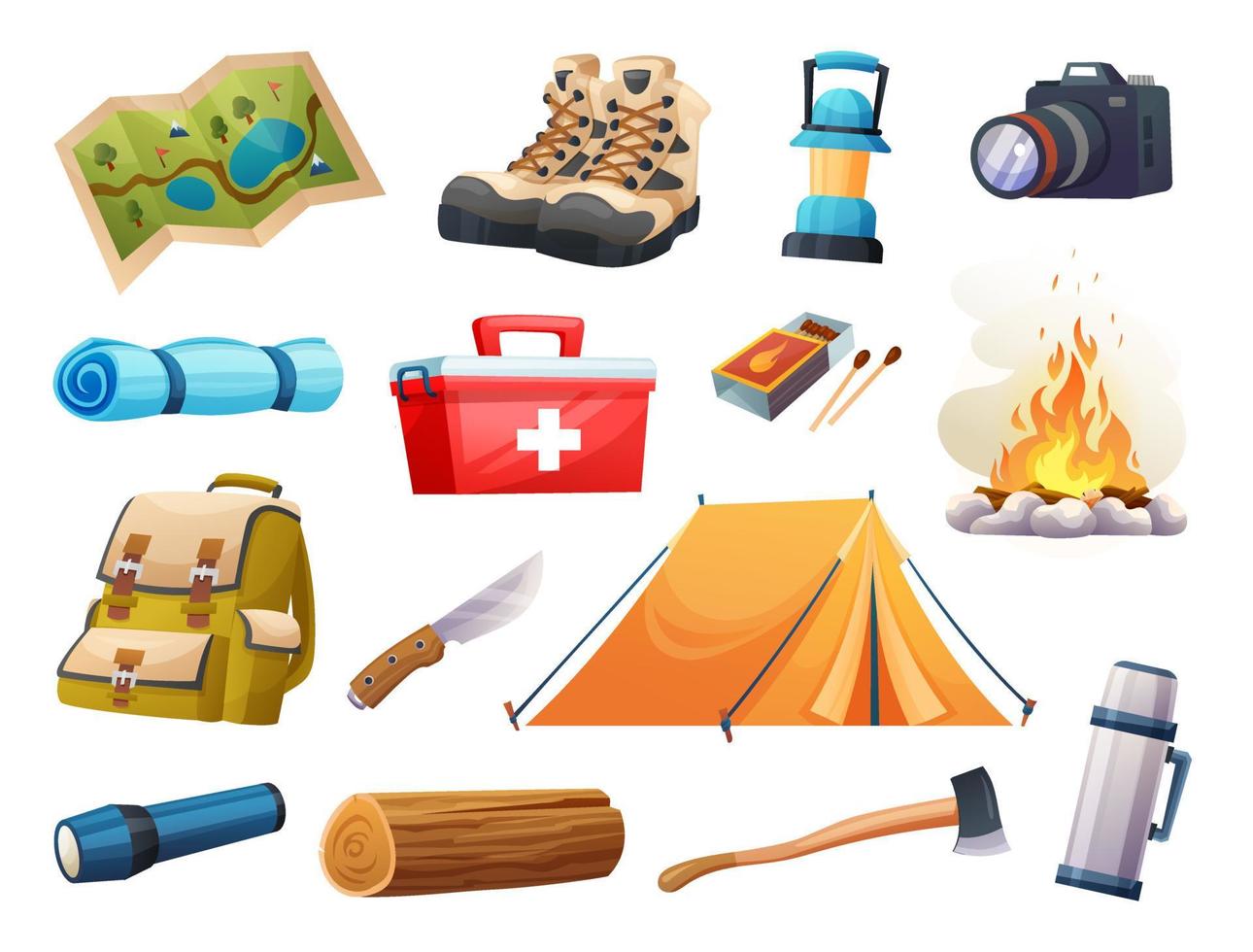 conjunto de ilustración de equipo de camping y senderismo vector