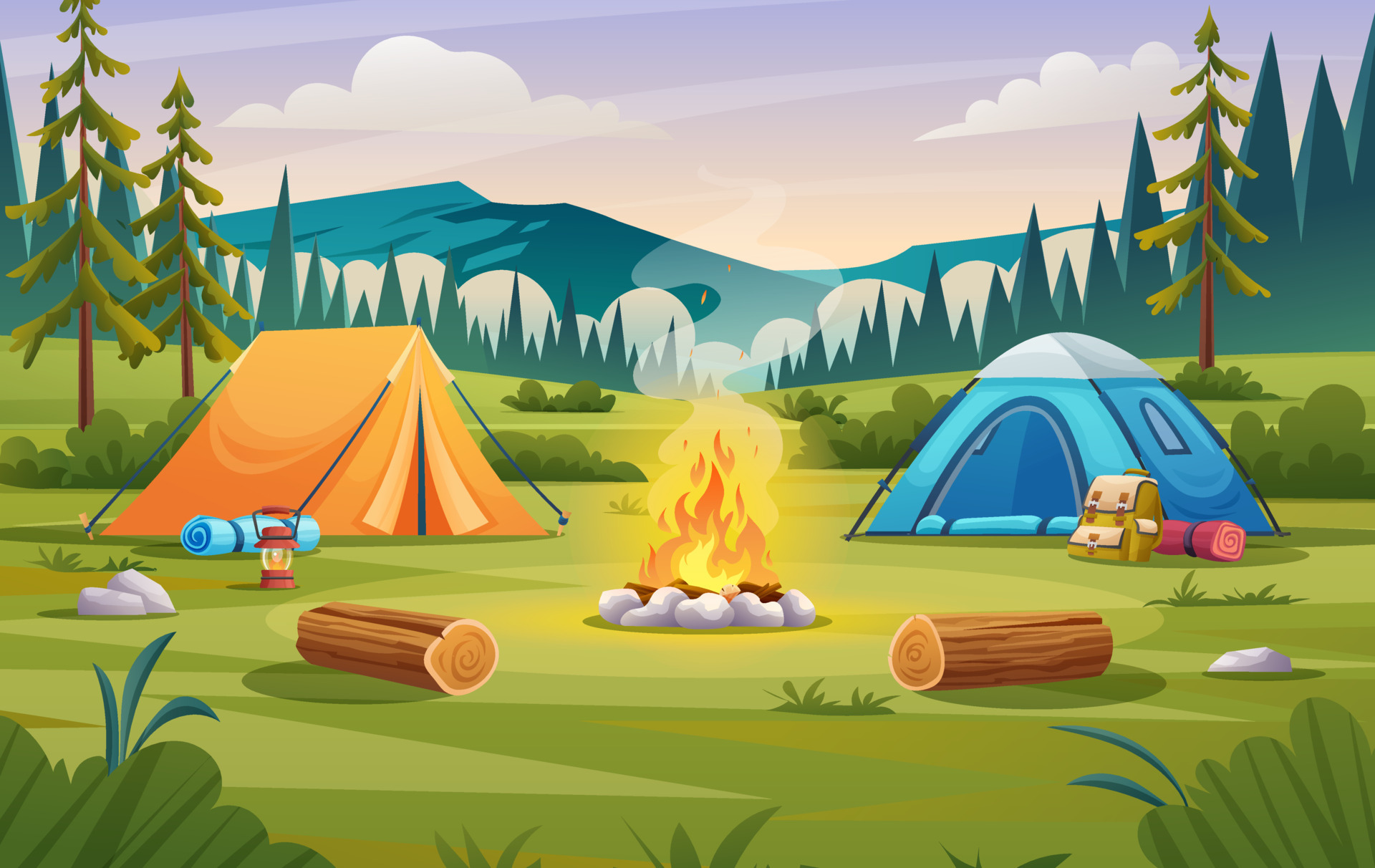 Nature camp landscape with tents, campfire, backpack, and lantern cartoon  illustration 7516747 Vector Art at Vecteezy