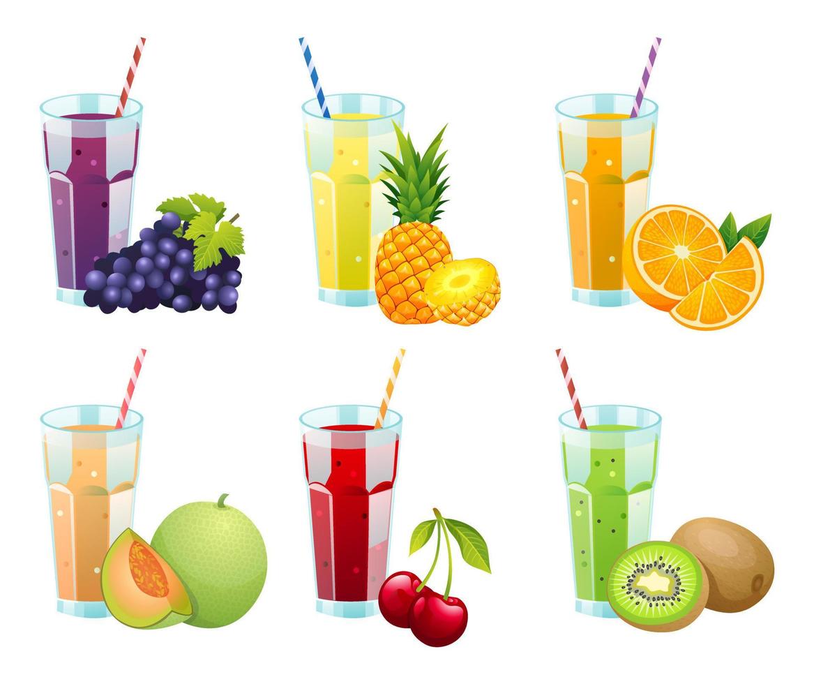 Set of different fresh fruit juices in glasses illustration vector