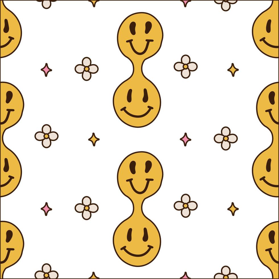 Seamless pattern with funny melt smile faces. Smile hippie emoticons with daisy flowers. Lsd, surreal, trippy print concept. Vector cartoon character illustration.