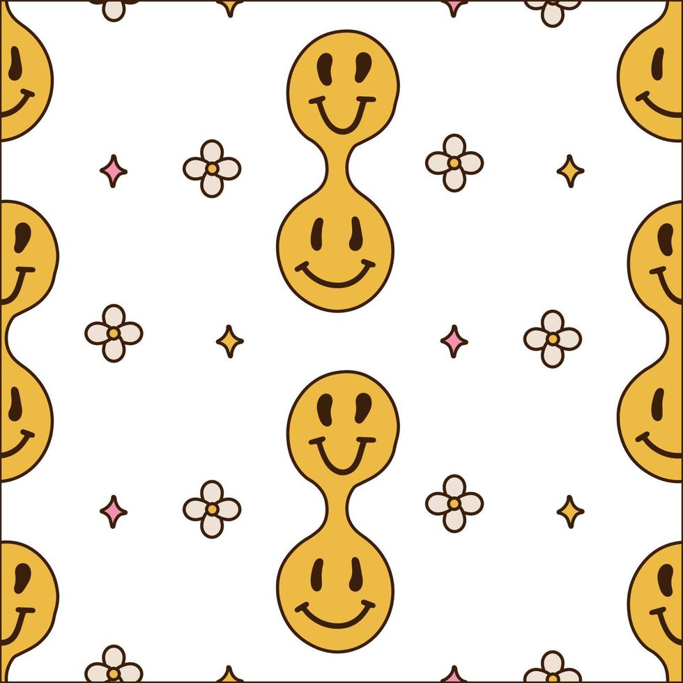 Seamless pattern with funny melt smile faces. Smile hippie emoticons with daisy flowers. Lsd, surreal, trippy print concept. Vector cartoon character illustration.