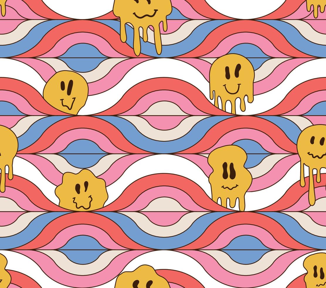 Comic crazy melt smile faces looking out of the geometry seamless pattern. Smile psychedelic emoticons melting acid,trippy, waves wallpaper print concept. Vector outline illustration.