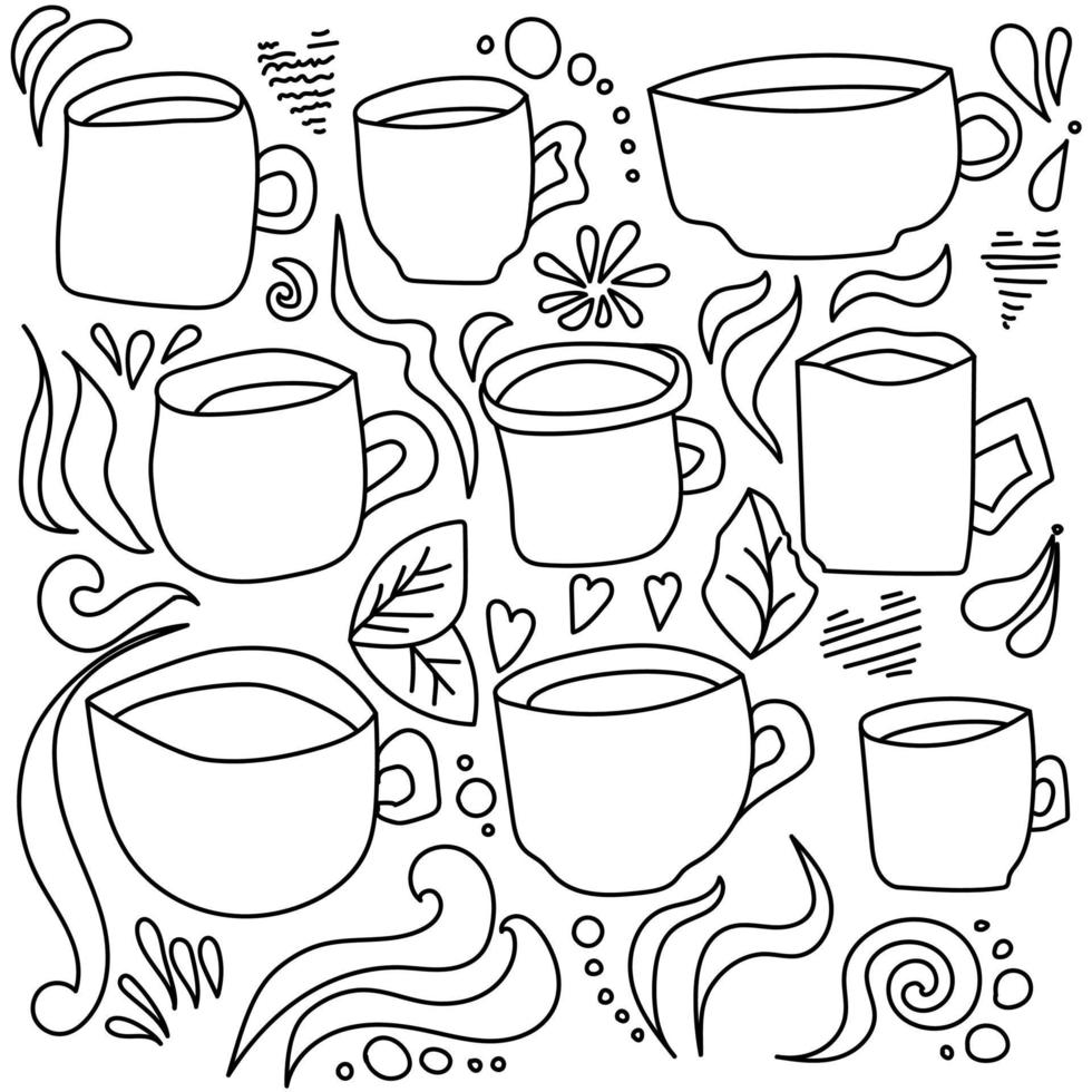 Doodle vector illustration set of cups, cute elements curls and hearts for creativity and design