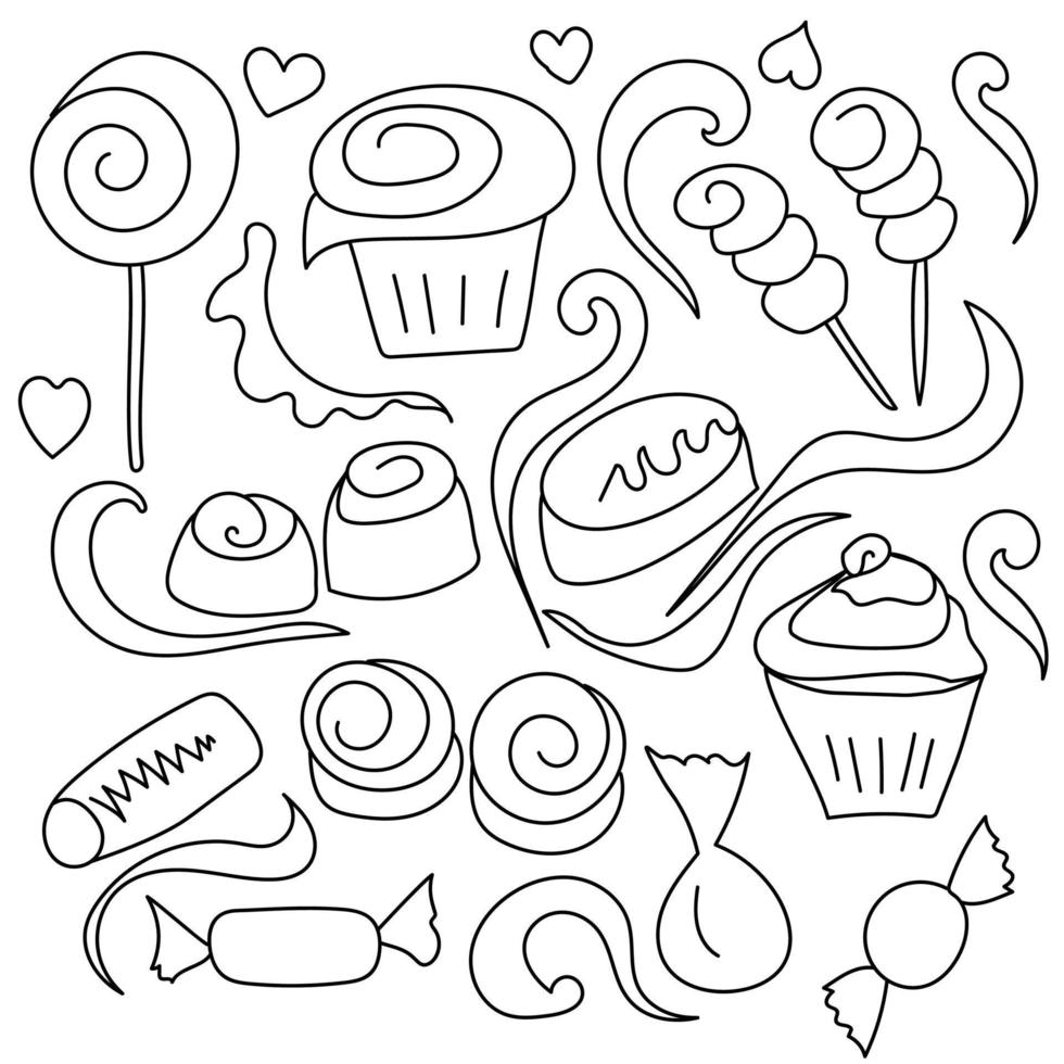 Doodles about sweets, candies, marshmallows, cupcakes and decorative elements in the form of hearts and curls, vector outline illustration