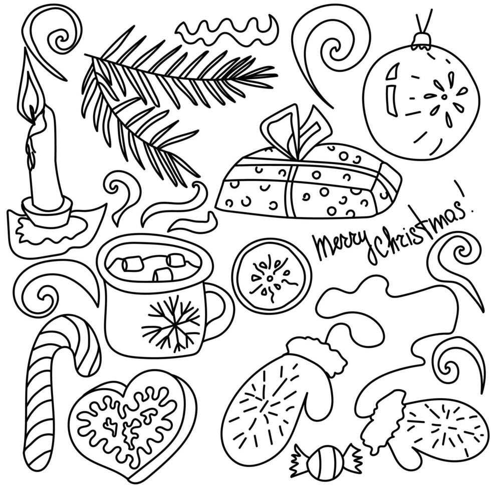 Set of Christmas doodle elements, hand draw vector illustration, X-mas cute drawings