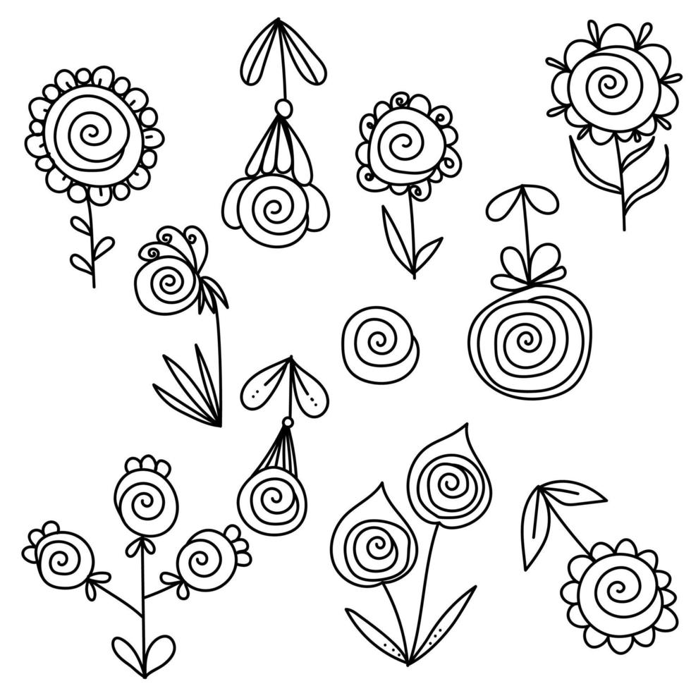 A set of decorative doodle flowers based on a spiral, with decorative petals and leaves, vector