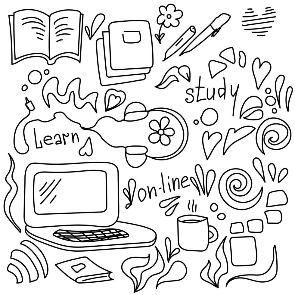 doodle vector set home learning, diferentes objetos sobre el tema de estudio en línea