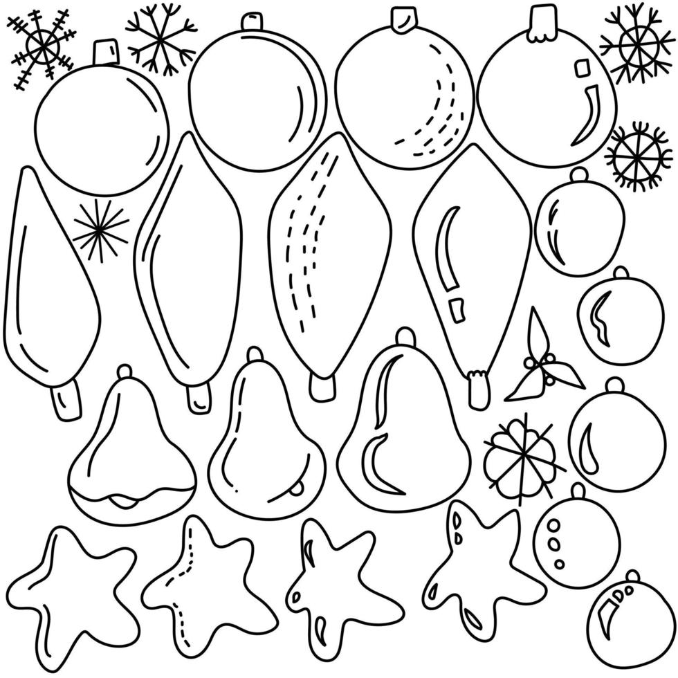 Set of doodle contour sketches of Christmas tree toys and balls, coloring page from decor elements for Christmas vector