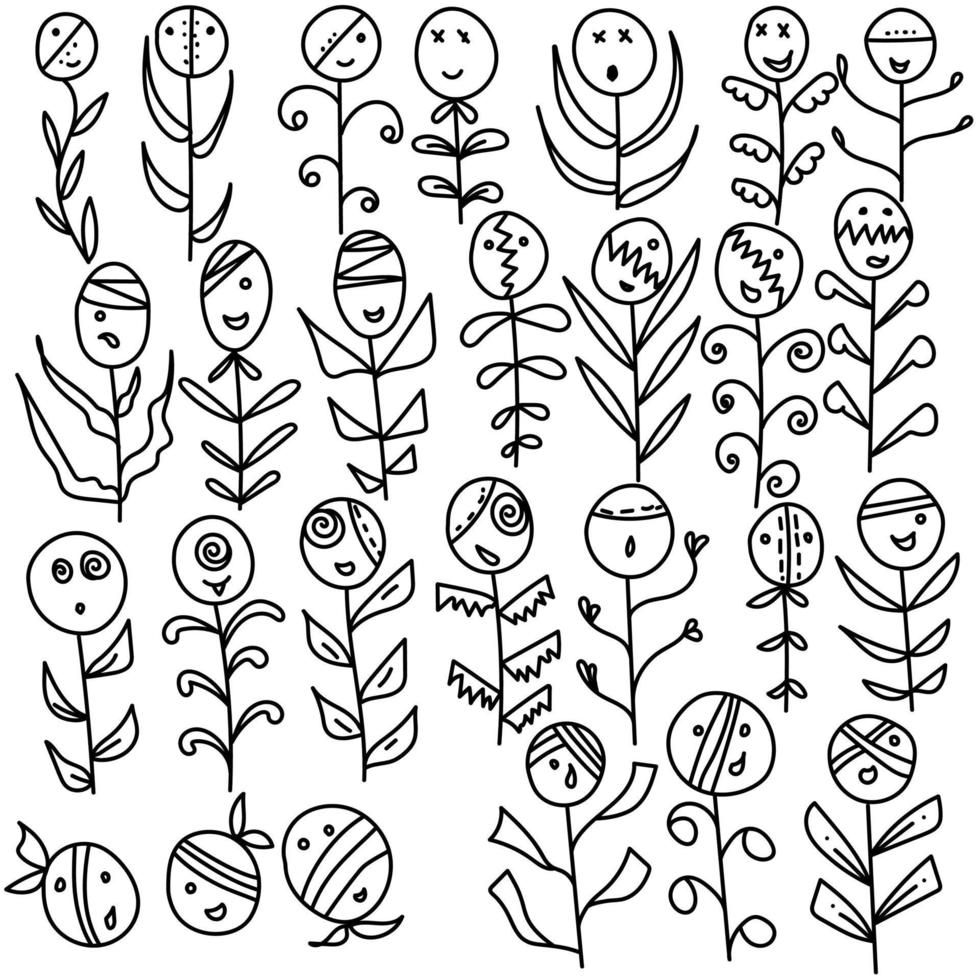 Set of cute Halloween monster plants, outline doodle flowers with scary heads and fantasy leaves vector