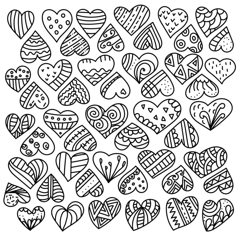 Set of doodle hearts with different linear patterns, simple cute hearts with lines, circles and waves vector