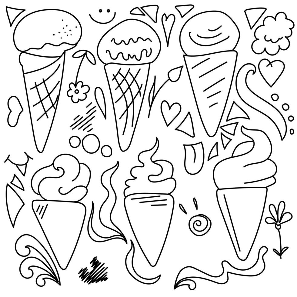 Ice cream cone doodles with waffle structure, decorative elements in the shape of a heart, curls, triangles and waves, vector outline illustration