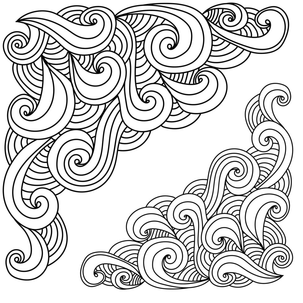Decorative corners made of curls, waves and arcs, antistress coloring page for adults, zen abstract vector illustration