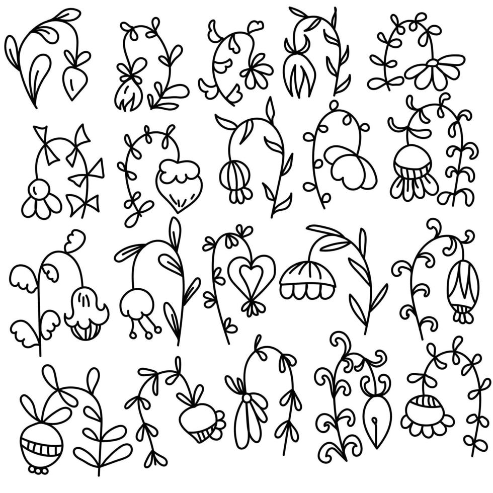 Set of ornate doodle flowers with long curved stems and various leaves, coloring page with fantasy floral motifs vector