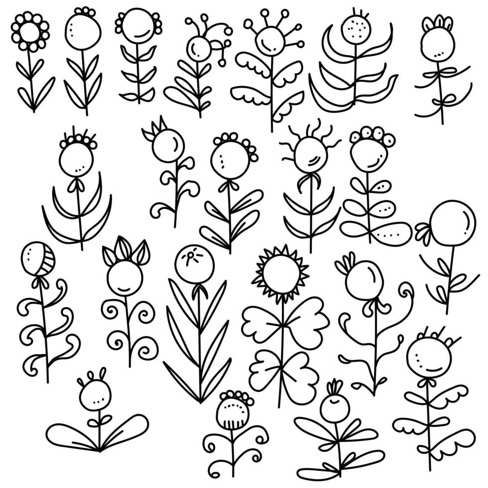 Set of doodle flowers with a round center, floral elements of thin lines with different petals and leaves vector