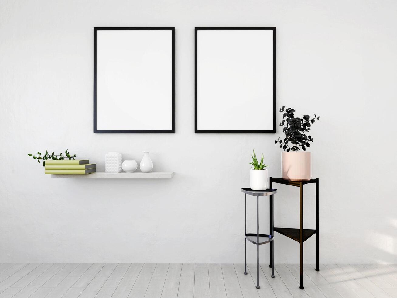 Mock up of poster frame in wooden floor modern interior in living room with some trees isolated on light background, 3D render, 3D illustration photo