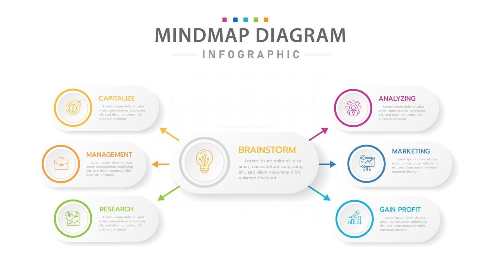 plantilla infográfica para negocios. Diagrama de mapa mental moderno de 6 pasos con temas de título, infografía vectorial de presentación. vector