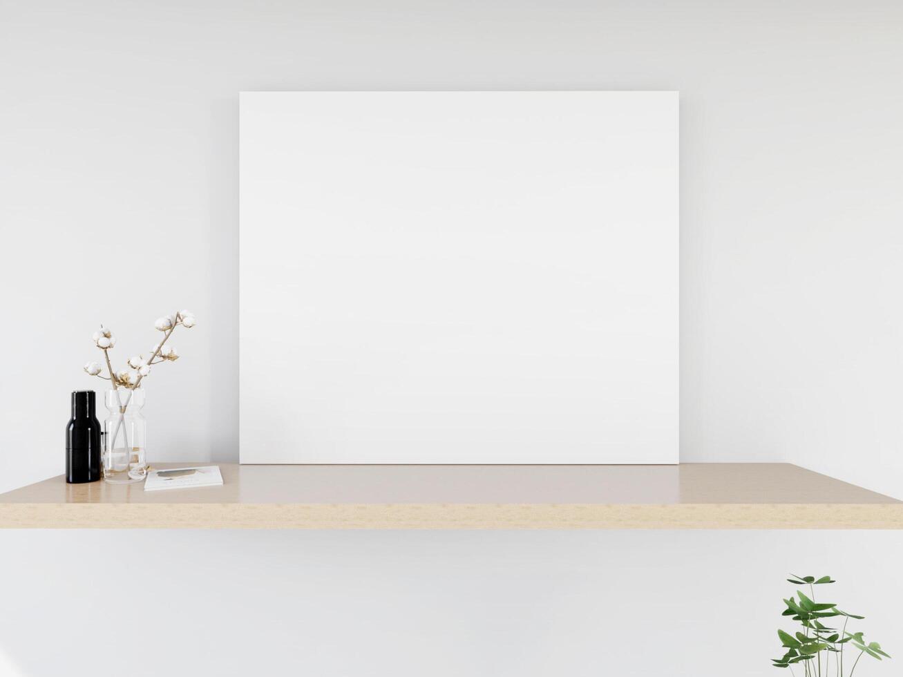 Mock up of poster frame in wooden floor modern interior in living room with some trees isolated on light background, 3D render, 3D illustration photo