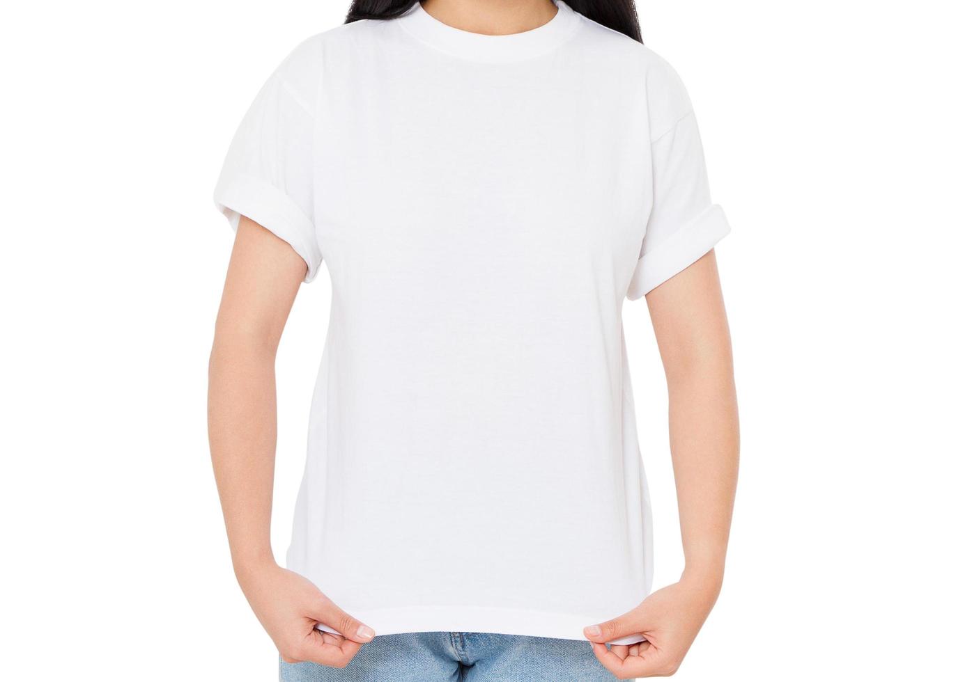 Chica en camiseta blanca de cerca aislado sobre blanco foto