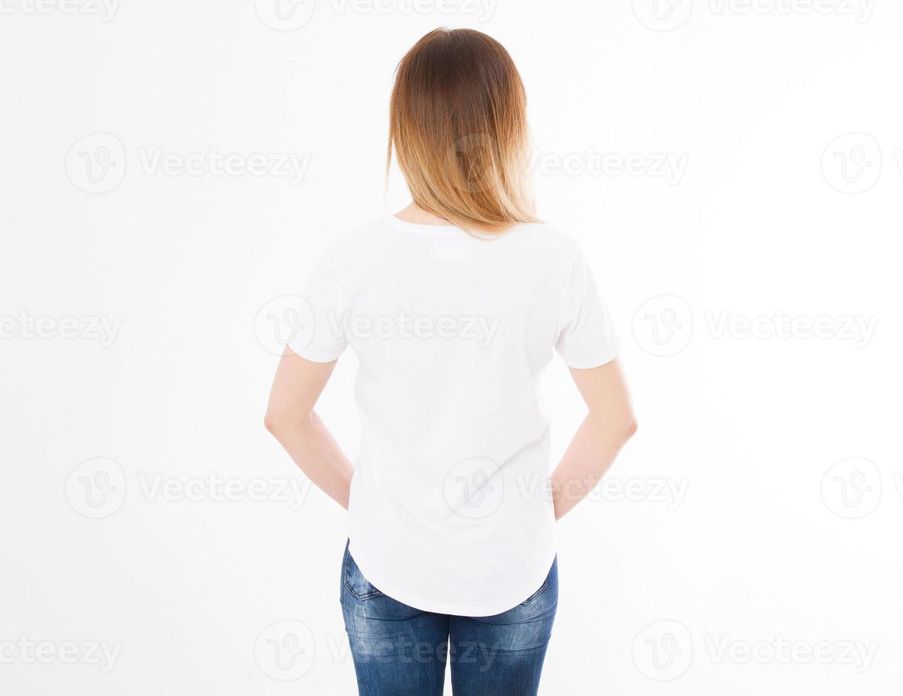 back view of young woman, girl in stylish t-shirt on white background. Mock up template for design print. Copy space. Template. Blank photo