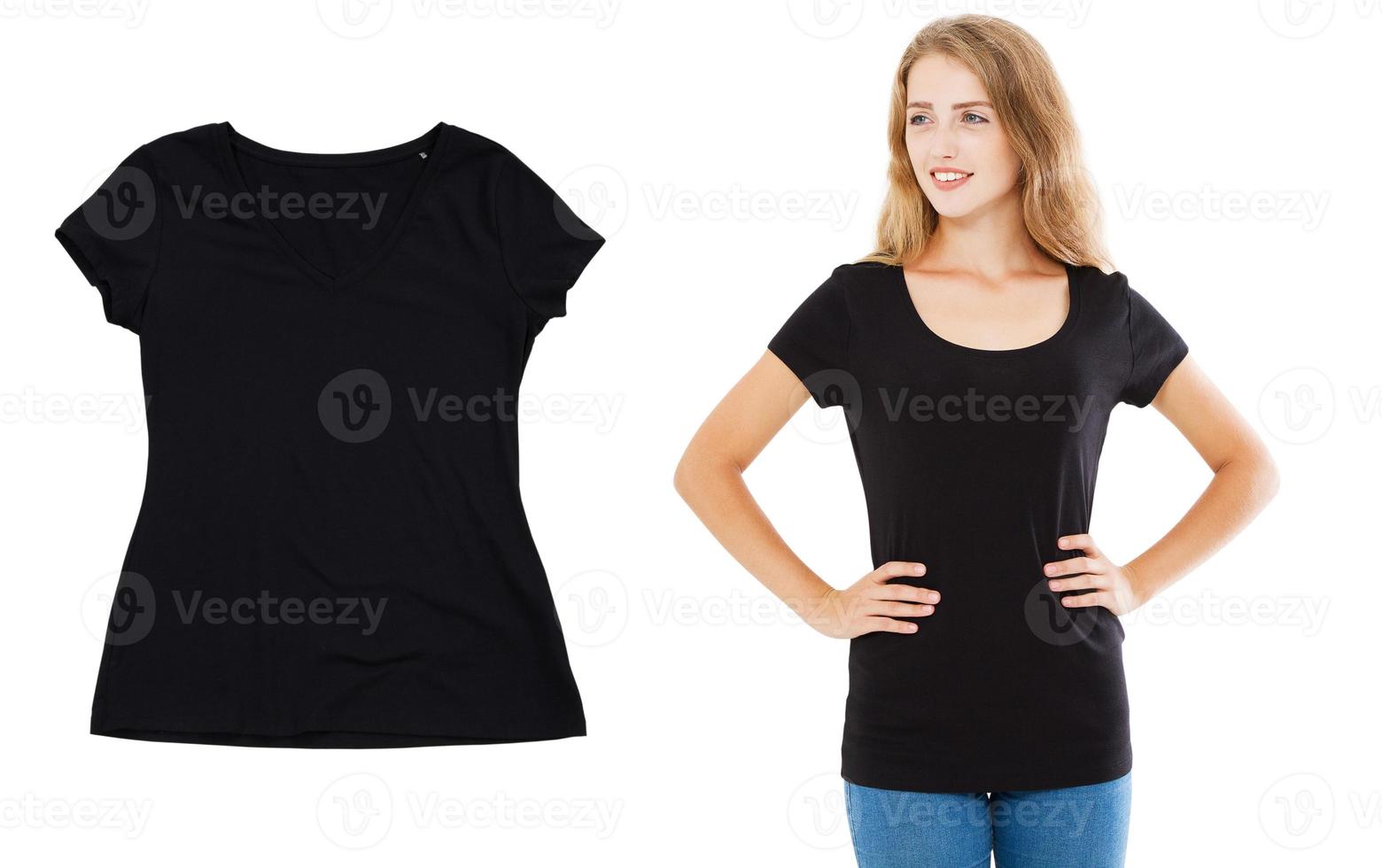 Black t-shirt mock up close up options on white background, model tshirt photo