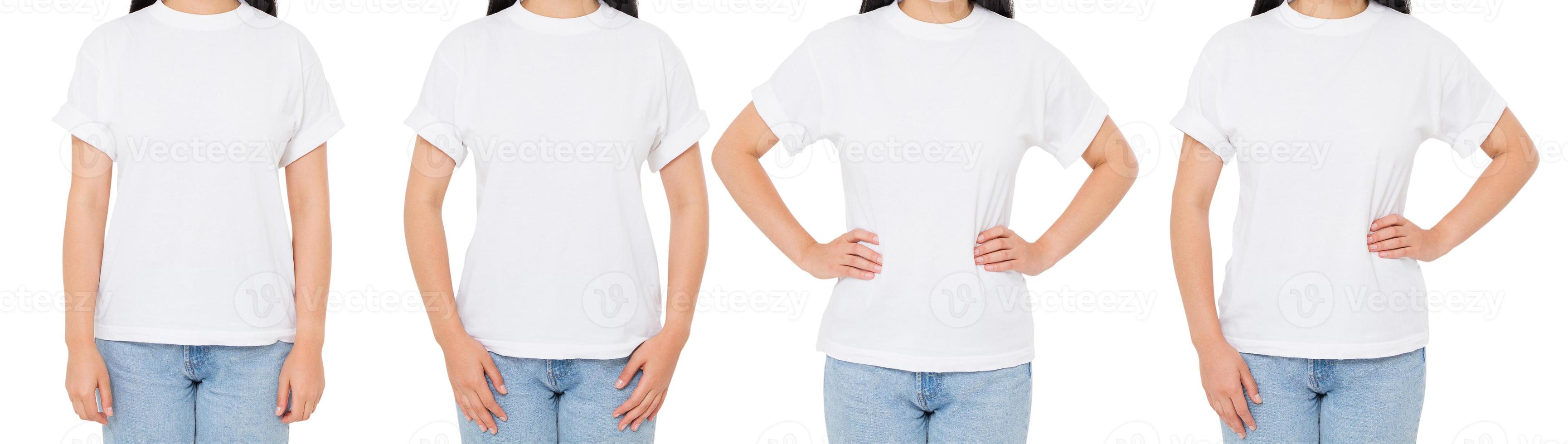 morena con camiseta aislada en blanco, mujer con camiseta o collage, vista frontal de camiseta de tres chicas foto