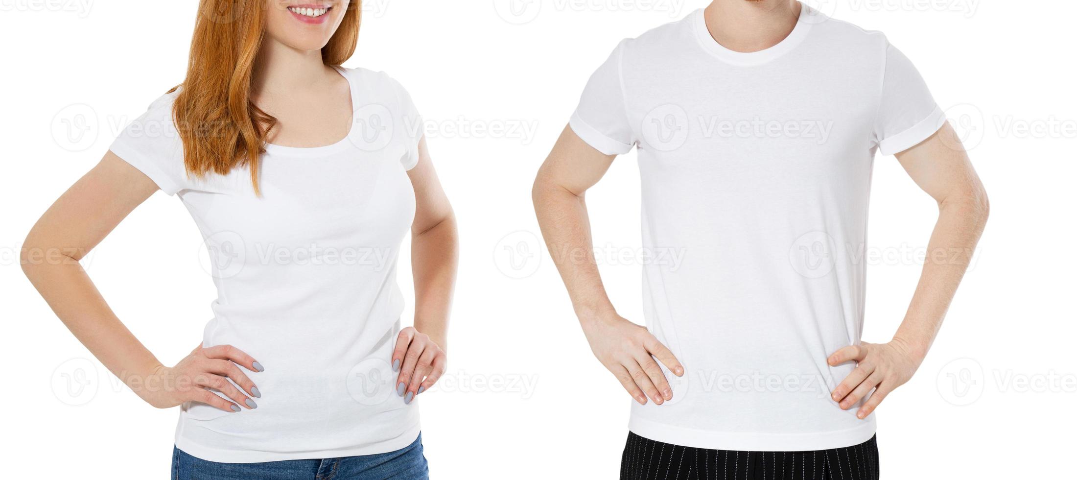 camiseta blanca en un joven pelirrojo hombre y niña camiseta de maqueta aislada de cerca foto